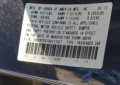 2016 Honda Accord Sport from USA, damaged, VIN 1HGCR2F67GA013621